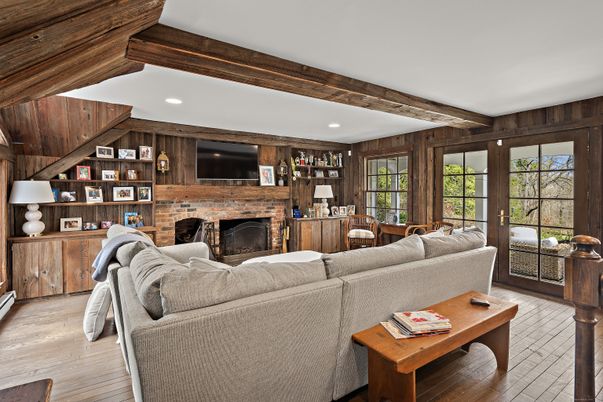 Fireplace, Interior, Living room, Recessed Lighting, Stone Walls, Wooden Beams, Wood Texture Flooring, Wooden Walls