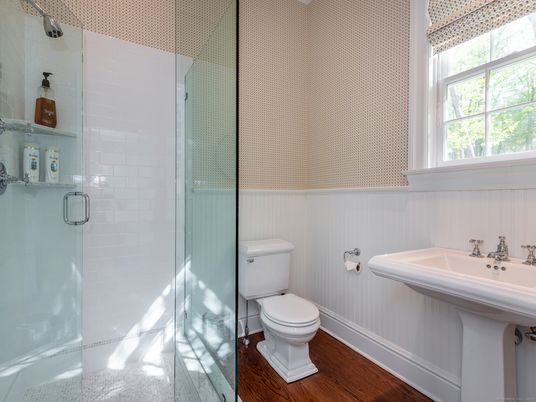 Bathroom, Glass Shower, Interior, Wood Texture Flooring