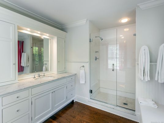 Bathroom, Glass Shower, Interior, Recessed Lighting, Wood Texture Flooring