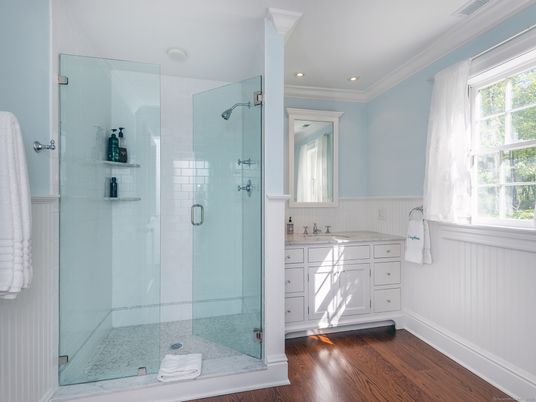 Bathroom, Glass Shower, Interior, Recessed Lighting, Tile Countertops, Wood Texture Flooring
