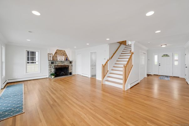 Empty room, Fireplace, Interior, Recessed Lighting, Wood Texture Flooring