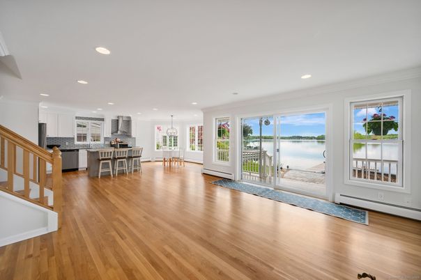 Dining room, Interior, Kitchen, Pendant Lights, Recessed Lighting, Water, Wood Texture Flooring