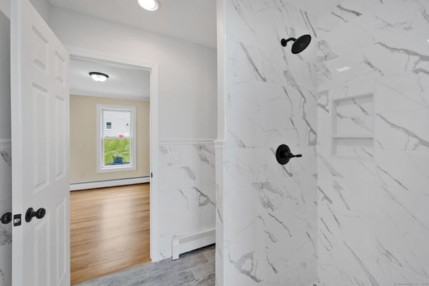 Bathroom, Interior, Marble Walls, Recessed Lighting, Wood Texture Flooring