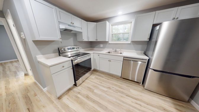 Interior, Kitchen, Recessed Lighting, Stainless Steel Appliances, Wood Texture Flooring