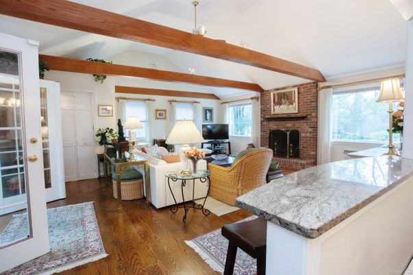 Fireplace, Interior, Living room, Stone Walls, Wooden Beams, Wood Texture Flooring