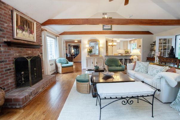 Fireplace, Interior, Living room, Stone Walls, Wooden Beams, Wood Texture Flooring