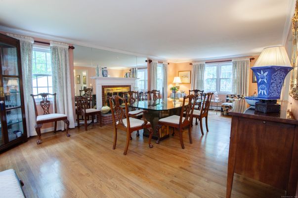 Dining room, Fireplace, Interior, Wood Texture Flooring