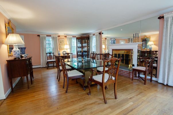 Dining room, Fireplace, Interior, Wood Texture Flooring