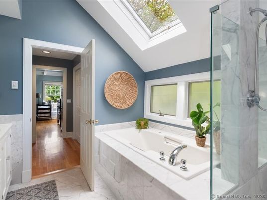 Bathroom, Glass Shower, Interior, Marble, Marble Walls, Recessed Lighting, Wood Texture Flooring