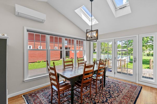 Dining room, Interior, Pendant Lights, Wood Texture Flooring