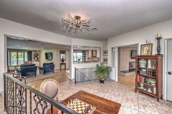 Fireplace, Interior, Kitchen, Recessed Lighting, Stone Walls, Wood Texture Flooring