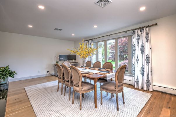 Dining room, Interior, Recessed Lighting, Wood Texture Flooring