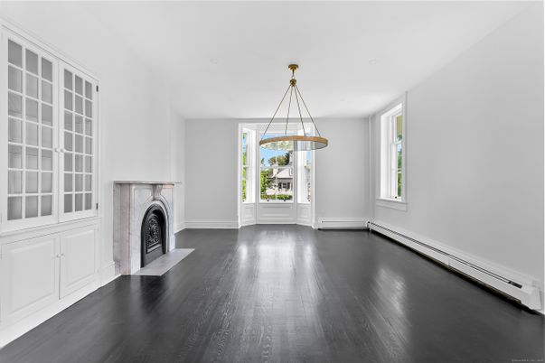 Empty room, Fireplace, Interior, Pendant Lights, Wood Texture Flooring
