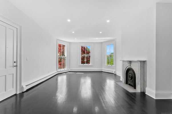 Empty room, Fireplace, Interior, Recessed Lighting, Wood Texture Flooring