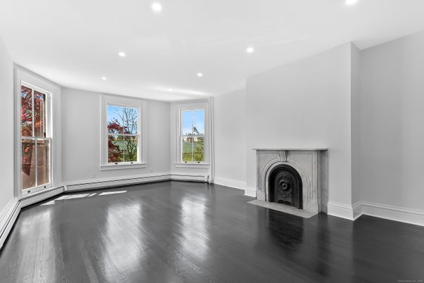 Empty room, Fireplace, Interior, Recessed Lighting, Wood Texture Flooring