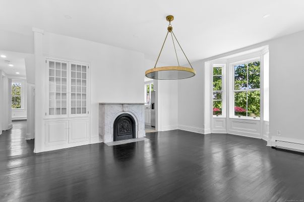 Empty room, Fireplace, Interior, Pendant Lights, Recessed Lighting, Wood Texture Flooring