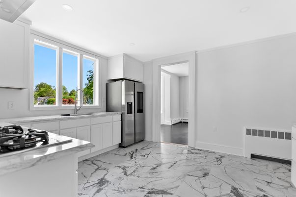 Interior, Kitchen, Marble, Recessed Lighting, Stainless Steel Appliances