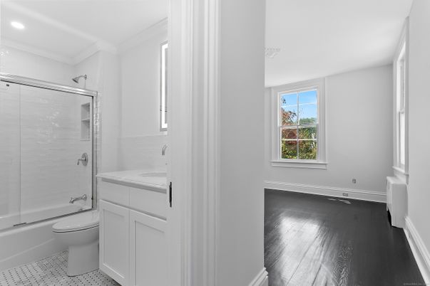 Bathroom, Glass Shower, Interior, Recessed Lighting, Wood Texture Flooring