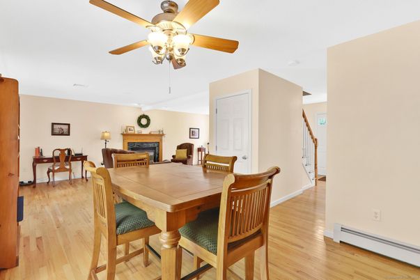 Dining room, Fireplace, Interior, Wood Texture Flooring
