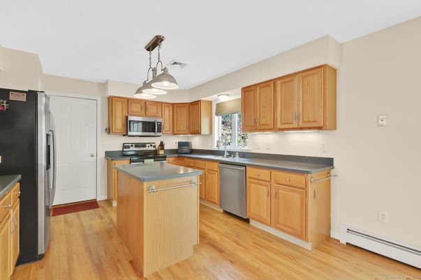 Interior, Kitchen, Pendant Lights, Stainless Steel Appliances, Wood Texture Flooring