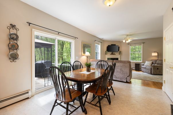 Dining room, Fireplace, Interior, Living room, Wood Texture Flooring