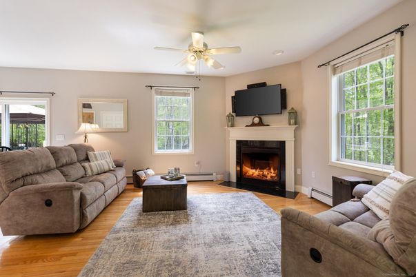 Fireplace, Interior, Living room, Recessed Lighting, Wood Texture Flooring