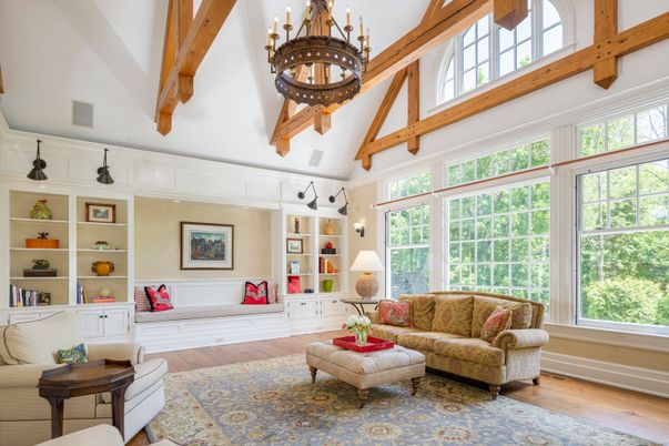 Chandelier, Interior, Living room, Wooden Beams, Wood Texture Flooring