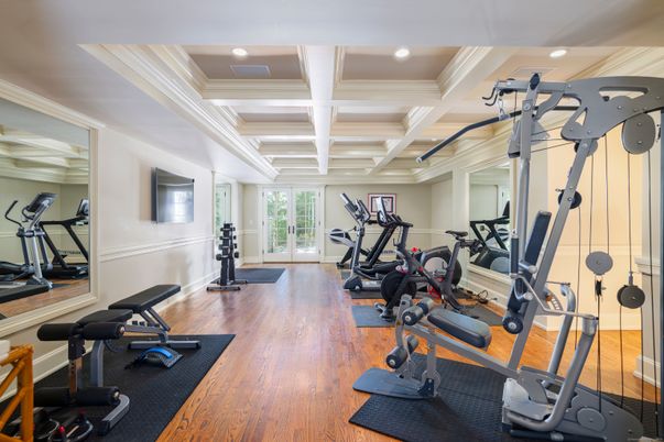 Fitness Equipment, Gym, Interior, Recessed Lighting, Wood Texture Flooring