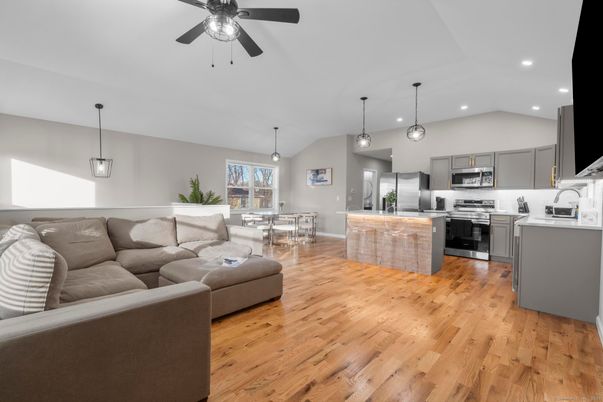Dining room, Interior, Kitchen, Living room, Pendant Lights, Recessed Lighting, Stainless Steel Appliances, Wood Texture Flooring