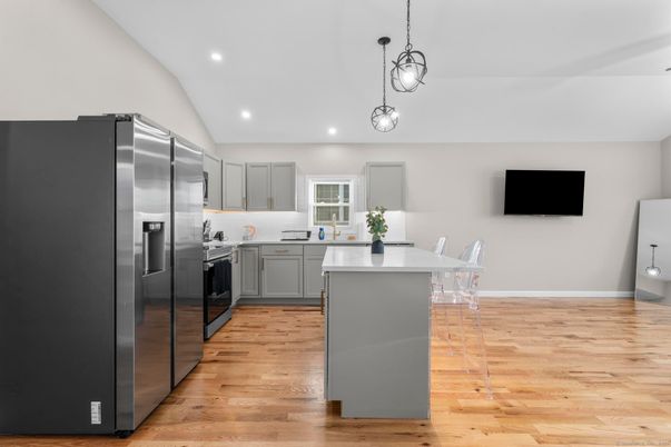 Interior, Kitchen, Pendant Lights, Recessed Lighting, Stainless Steel Appliances, Wood Texture Flooring