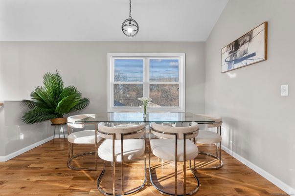 Dining room, Interior, Pendant Lights, Wood Texture Flooring