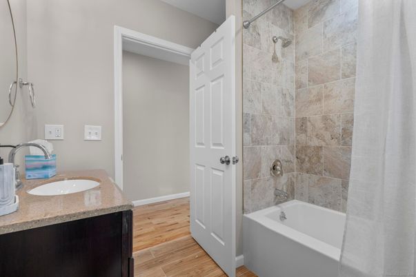 Bathroom, Interior, Stone Walls, Wood Texture Flooring