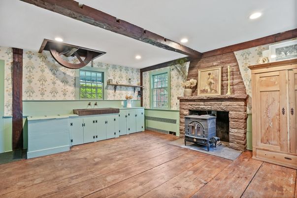 Fireplace, Interior, Recessed Lighting, Wooden Beams, Wood Texture Flooring