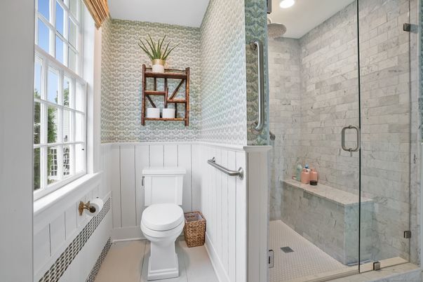 Bathroom, Glass Shower, Interior, Recessed Lighting, Stone Walls