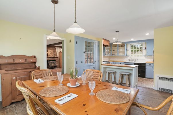 Dining room, Fireplace, Interior, Kitchen, Pendant Lights, Recessed Lighting, Wood Texture Flooring