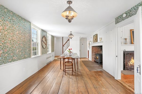Dining room, Fireplace, Interior, Pendant Lights, Wood Texture Flooring