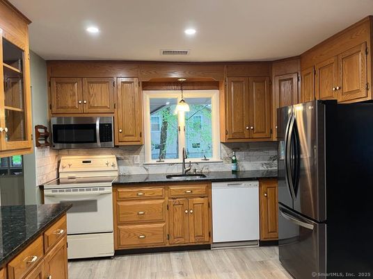 Interior, Kitchen, Pendant Lights, Recessed Lighting, Stainless Steel Appliances, Wood Texture Flooring