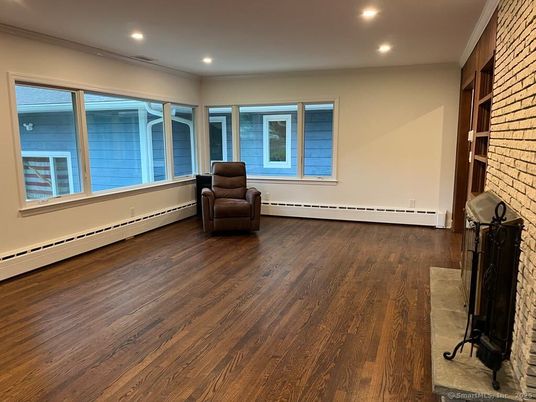 Empty room, Interior, Recessed Lighting, Stone Walls, Wood Texture Flooring