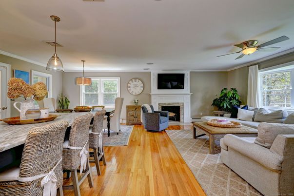 Dining room, Fireplace, Interior, Living room, Pendant Lights, Wood Texture Flooring
