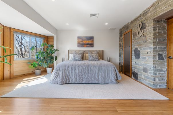 Bedroom, Interior, Recessed Lighting, Stone Walls, Wood Texture Flooring