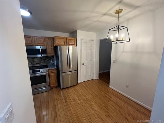 Interior, Kitchen, Pendant Lights, Stainless Steel Appliances, Wood Texture Flooring