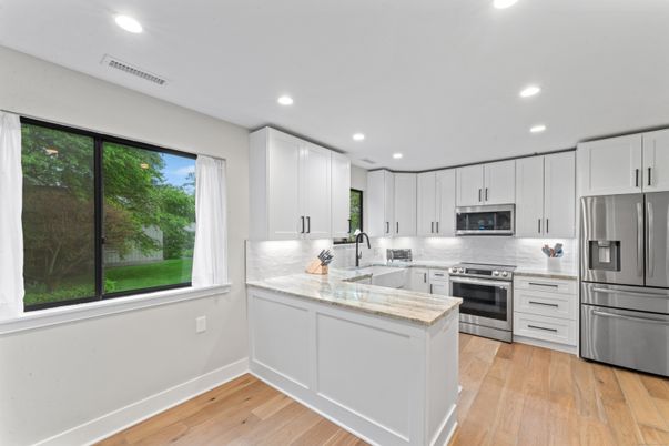 Interior, Kitchen, Recessed Lighting, Stainless Steel Appliances, Wood Texture Flooring