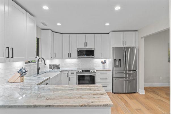 Interior, Kitchen, Recessed Lighting, Stainless Steel Appliances, Wood Texture Flooring