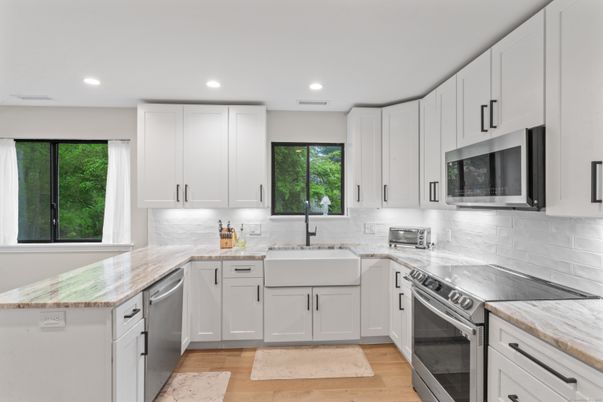 Interior, Kitchen, Recessed Lighting, Stainless Steel Appliances, Wood Texture Flooring