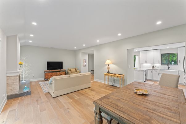 Dining room, Fireplace, Interior, Kitchen, Living room, Recessed Lighting, Wood Texture Flooring