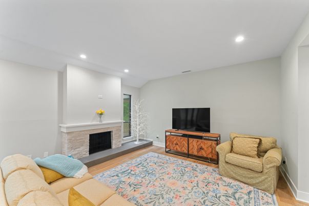Fireplace, Interior, Living room, Recessed Lighting, Wood Texture Flooring