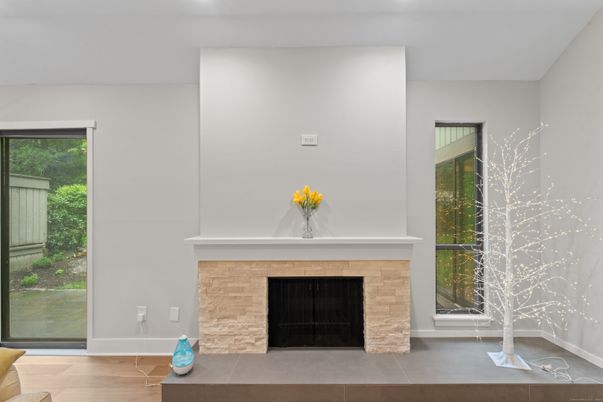 Fireplace, Interior, Recessed Lighting, Wood Texture Flooring