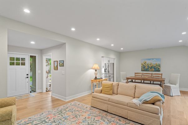 Dining room, Interior, Kitchen, Living room, Recessed Lighting, Stainless Steel Appliances, Wood Texture Flooring