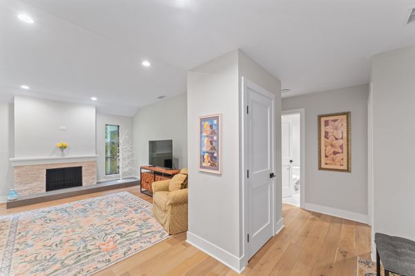 Fireplace, Interior, Living room, Recessed Lighting, Wood Texture Flooring