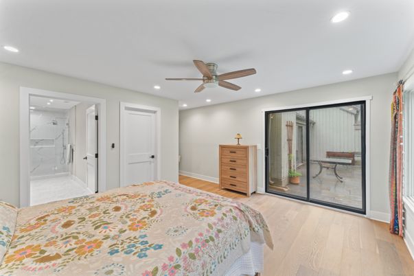 Bathroom, Bedroom, Glass Shower, Interior, Recessed Lighting, Wood Texture Flooring